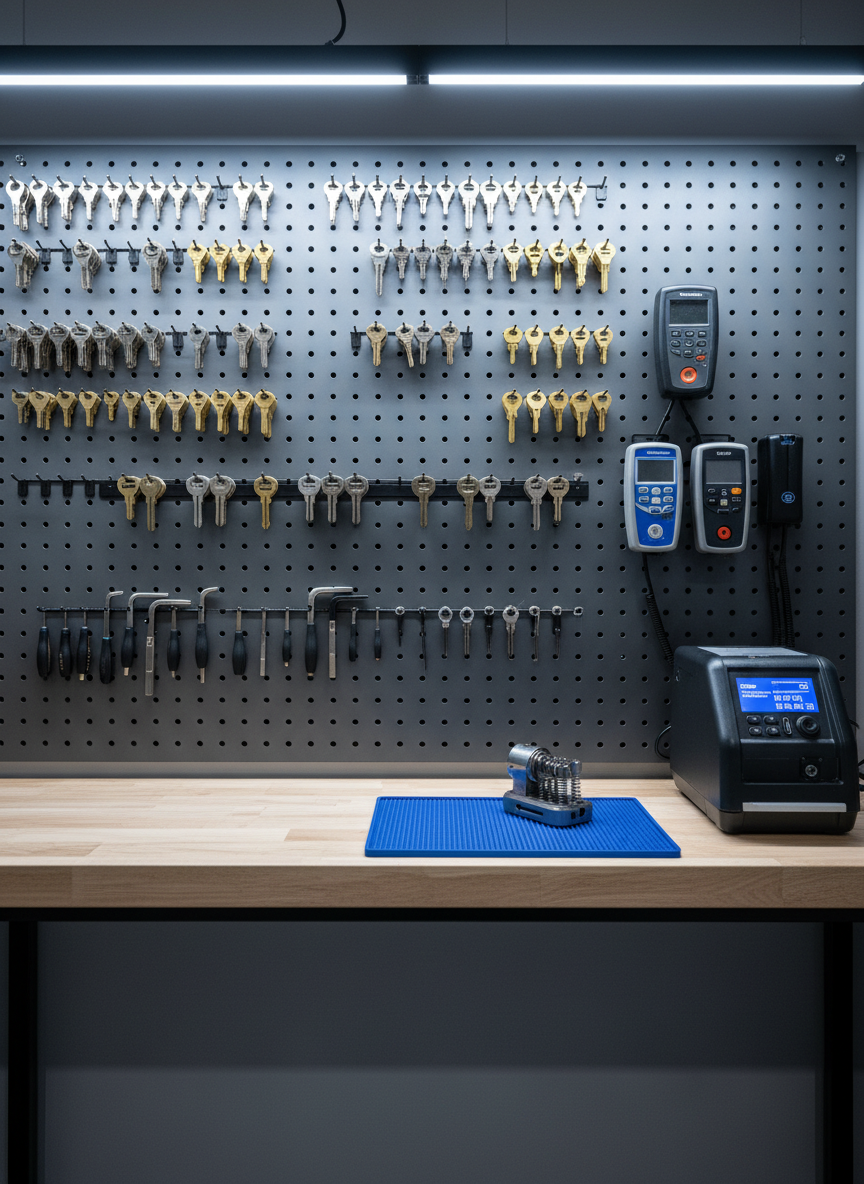 An organized wall of locksmith tools displayed in a compact, professional workshop: neatly arranged key blanks in metallic silver and brass tones, precision lock picks, tension wrenches, and electronic key programming devices mounted on a matte gray pegboard. Beneath, a clean workbench holds a small, open lock cylinder and a digital code-cutting machine. Cool, even overhead LED lighting creates clear, shadow-free illumination, highlighting the polished metal surfaces without harsh glare. The photographic composition is shot straight-on with sharp focus across the entire scene, conveying precision, expertise, and reliability. The mood is calm, efficient, and highly professional, with a modern, clutter-free environment that reinforces the image of a fast, reliable locksmith service.