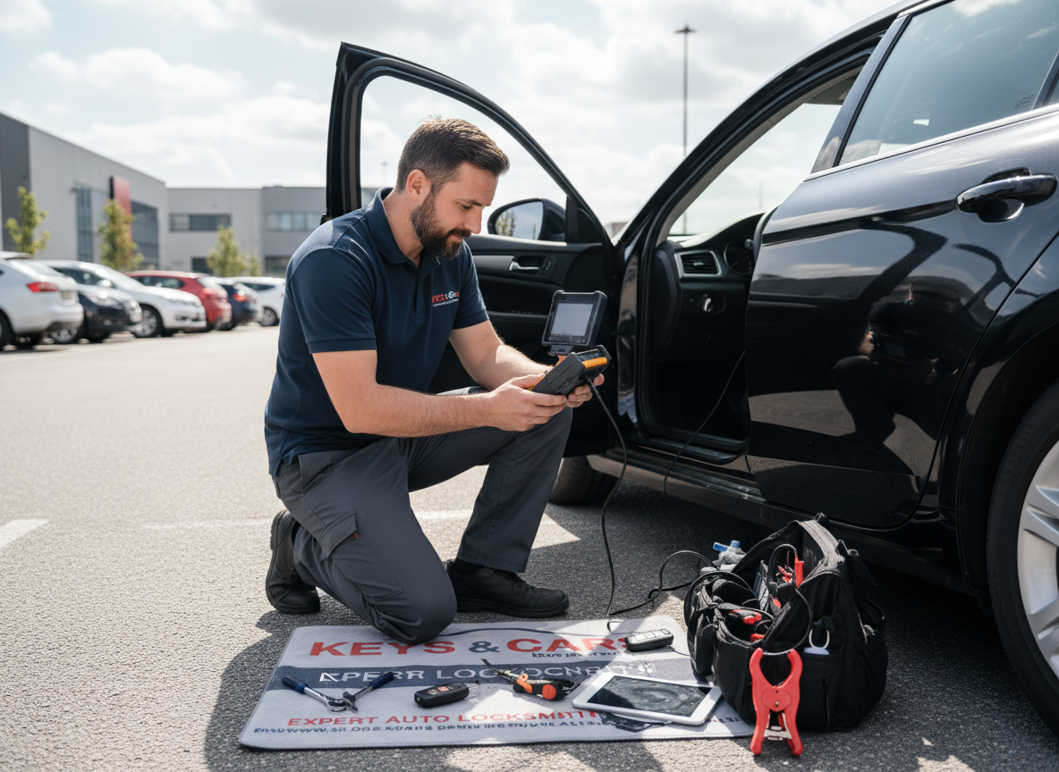 A professional auto locksmith working outside in a parking lot, using a key programmer device connected to a car, with modern tools visible, photographed in a realistic style with a trustworthy, professional look.