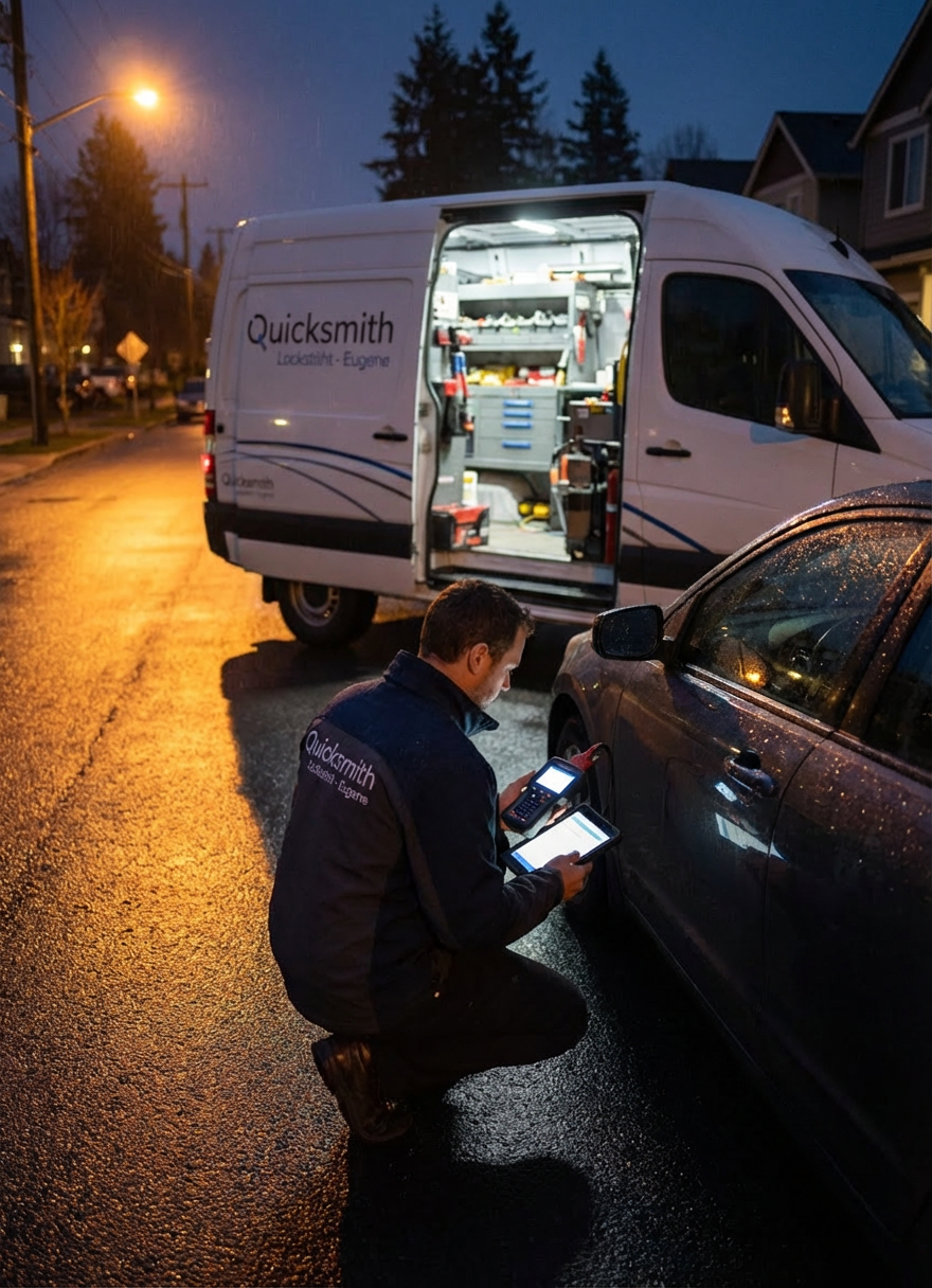 Locksmith programming key outside at night